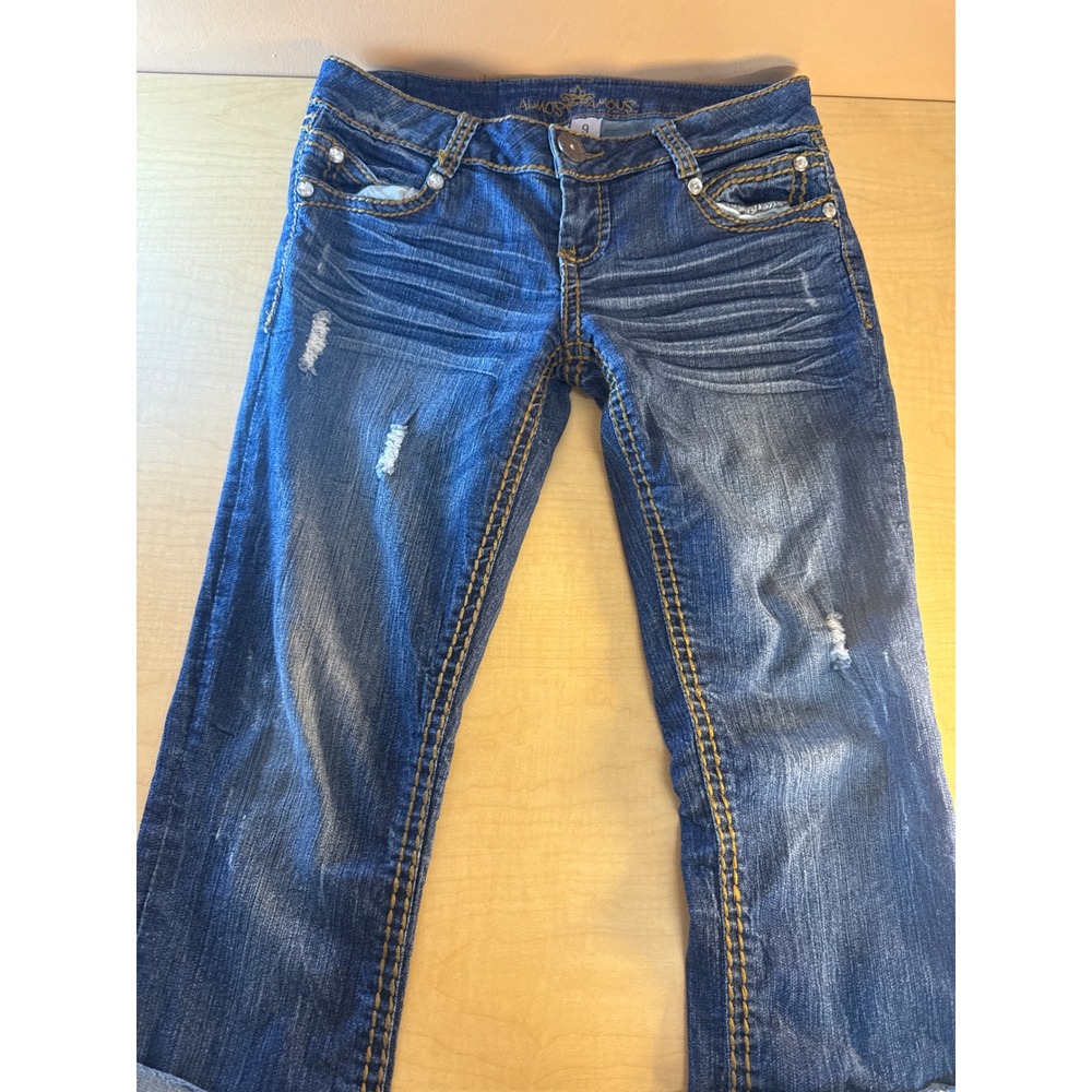 Almost Famous Distressed Embellished Skinny Jeans Blue Denim Size 9